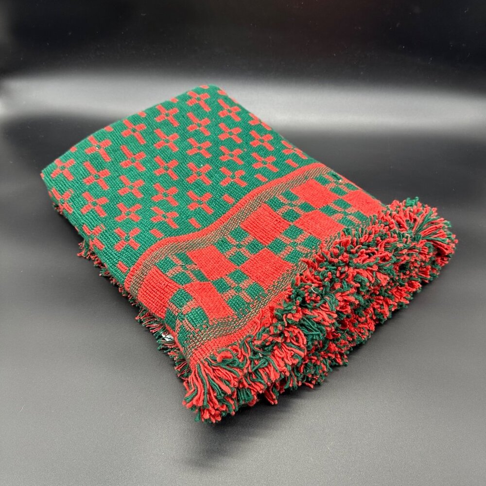 Vintage Tapestry Rug Throw Wall Hanging Hayim 1994 Christmas Red Green Fringe